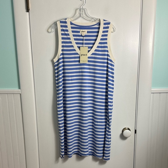 NWT Pact Softspun A-Line Tank Dress Blue and White Stripes Organic Cotton Medium - Picture 2 of 9